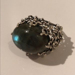 LABRADORITE SILVER METAL INTRICATE  DESIGN RING